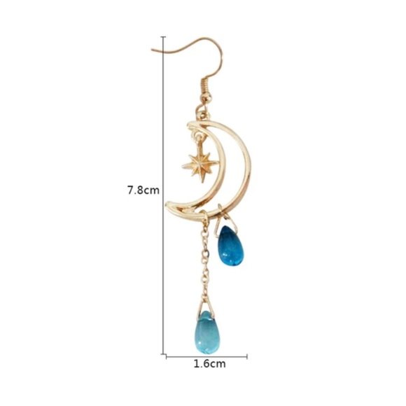 3/$30 GOLD MOON STARS BLUE WATER DROPS EARRINGS - Picture 6 of 8